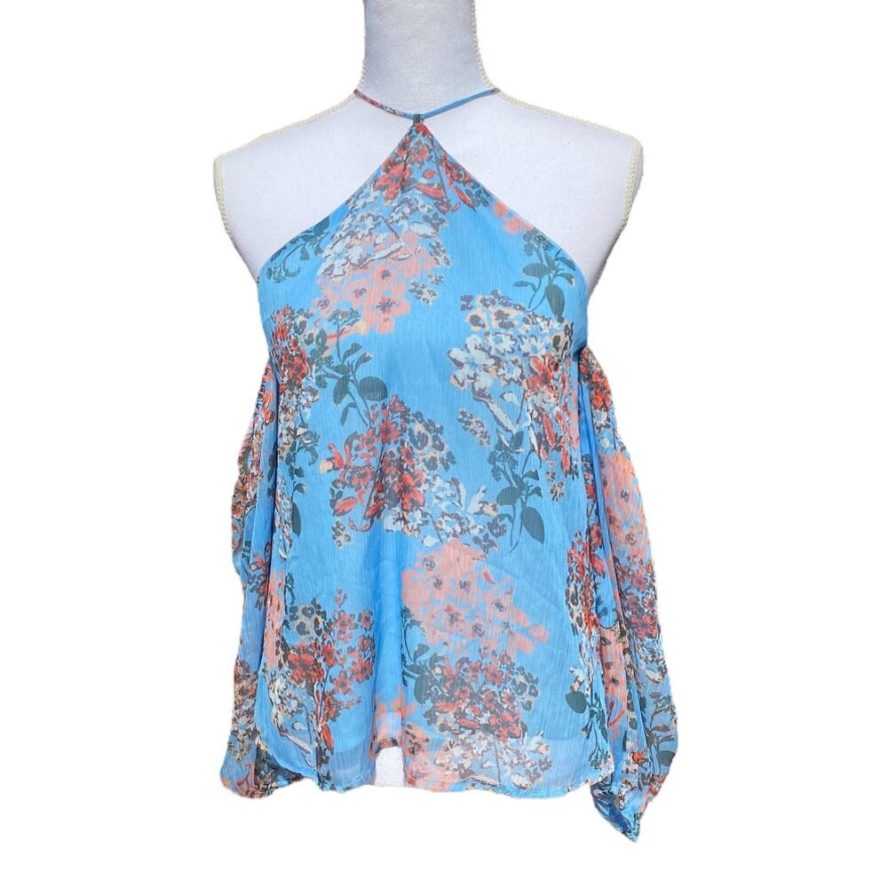 Line and Dot Long Sleeve Floral Cold Shoulder Blue Women's Size Medium